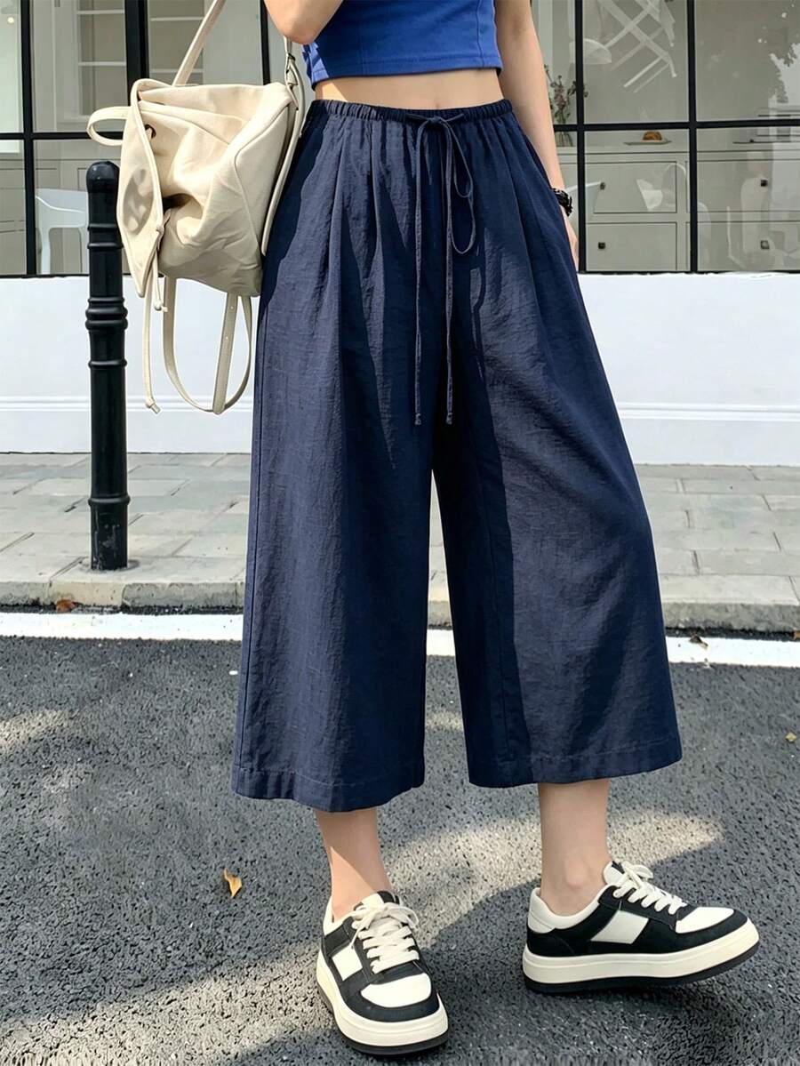 Women's Cropped Length Wide Leg Pants, Summer New Elastic Waist Drawstring Lightweight Breathable, Slouchy, Loose Versatile Casual Pants, Suitable For Daily Wear - Navy - View 1