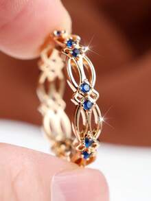1pc Minimalist Delicate Hollow Ring With Micro-Inlaid Blue Zirconia, Suitable For Girls' Daily Wear Or Elegant Outfits - Yellow Gold - View 1