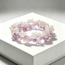1Pc Double‑Row Natural Stone Chips Bracelet Irregular Gravel Beaded Elastic Bangle For Women Couple Healing Crystal Jewelry Gift - Multicolor - View 6