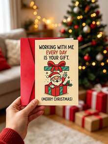8pcs/4sets, 2sets, 1set Christmas Greeting Cards With Envelopes, Humorous Christmas Card With Santa Claus - "Working With Me Every Day Is Your Gift" Message, Red & Green Holiday Design, Suitable For Office Party Team Appreciation Or Secret Exchange, Christmas Holiday Workplace Party Decoration - A - View 9