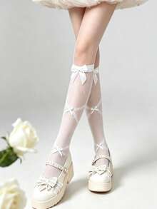 1 Pair Gentle Style Bowknot Lace Hollow Mid-Calf Socks, Women's Ruffled Mesh Breathable Elastic Socks, Sweet Lolita Y2K Girl Style, Cosplay Party Date JK Outfit Matching Decorative Socks - Multicolor - View 6