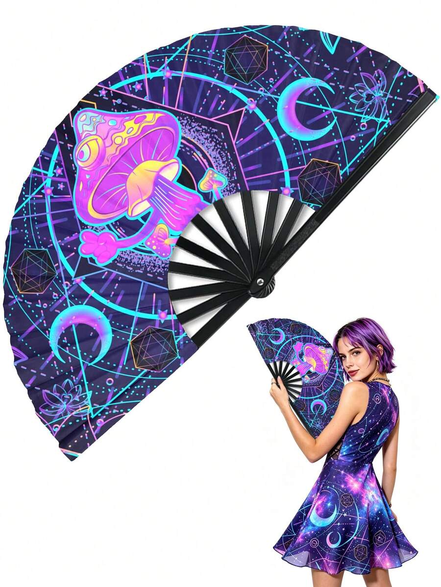 1pc Large UV Hand Fan With Bamboo Frame, Suitable For Dance, Music Festival, Party, Performance And Gift - Alien Mushrooms - View 1