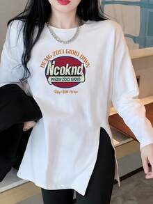 Ncoknd Slouchy Vintage Graphic Print Long Sleeve Top, Design Side Slit Flattering Long Length Casual Autumn T-Shirt - White - View 1