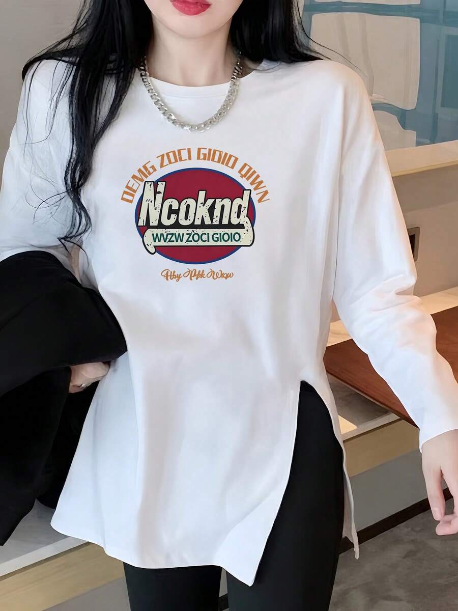 Ncoknd Slouchy Vintage Graphic Print Long Sleeve Top, Design Side Slit Flattering Long Length Casual Autumn T-Shirt - White - View 1