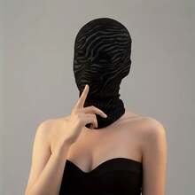 Damaged Style Full Face Mask | Halloween Adult Cosplay Headgear, Zebra Stripe, Semi-Transparent, Fabric, Medium Elasticity, Suitable For Cosplay Party Costume Props - Black - View 3