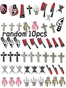 Halloween Vintage Gothic Nail Art Decoration Set, 3D Alloy Skull, Bone And Cross Design, Rhinestone DIY Nail Decor - Multicolor - View 6