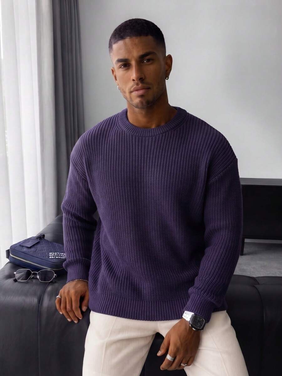 Men's Autumn/Winter Basic Solid Color Casual Fitted Lightweight Sheer Polyester Pique Texture Niche Design Long Sleeve Drop Shoulder Crew Neck Pullover Sweater - Mauve Purple - View 1