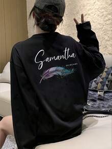 Women's Spring/Autumn Loose Fit Versatile Round Neck Fashion Casual Cartoon Print Long Sleeve T-Shirt Black - Black - View 3