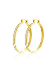 1pc European & American Luxury Style Full Circle Single Drainage Rhinestone Large Hoop Earrings, Copper Plated Gold Flat Wide Edge Clip-On Ear Hoop Jewelry, Premium Versatile Commute Vacation Multi-Size Options For Women - Gold - View 8