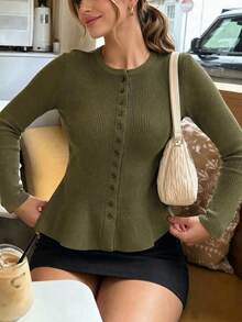 Atasan Sweater Rajut Bergaris Wanita dengan Kancing Depan dan Hiasan Ruffle, Lengan Panjang, Panjang Standar, Gaya Musim Gugur yang Modis - Dark Green - View 7