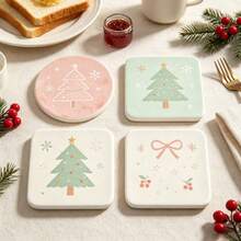 Macaron Pastel Christmas Acrylic Coaster Set, Christmas Tree Bow Cherry Snowflake Pattern, Non-Slip Heat-Insulating Coaster, Heat-Resistant Anti-Scalding, Desktop Protection Pad, Home Dining Table Holiday Decoration Christmas Gift - Multicolor - View 8