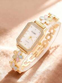JUSMI 1pc/Set Teen Girls Floral Rhinestone Square Watch, No Box, Elegant Student Wristwatch For School, Holiday, Festival - Gold - View 1