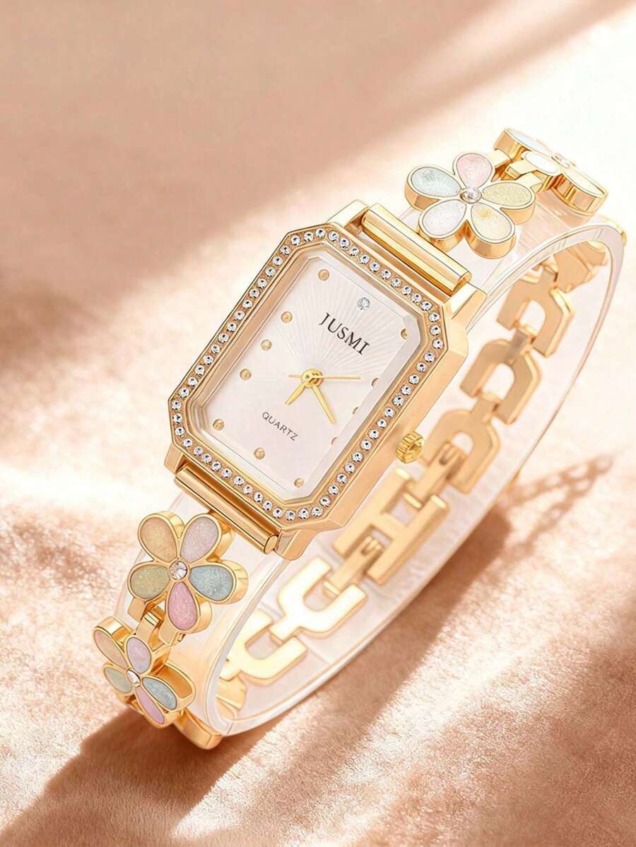 JUSMI 1pc/Set Teen Girls Floral Rhinestone Square Watch, No Box, Elegant Student Wristwatch For School, Holiday, Festival - Gold - View 1