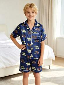 Tween Boy Blue Game Console Patterned Collar Short Sleeve Single-Breasted Shirt And Shorts Casual Pajama 2-Piece Set - Champagne - View 4