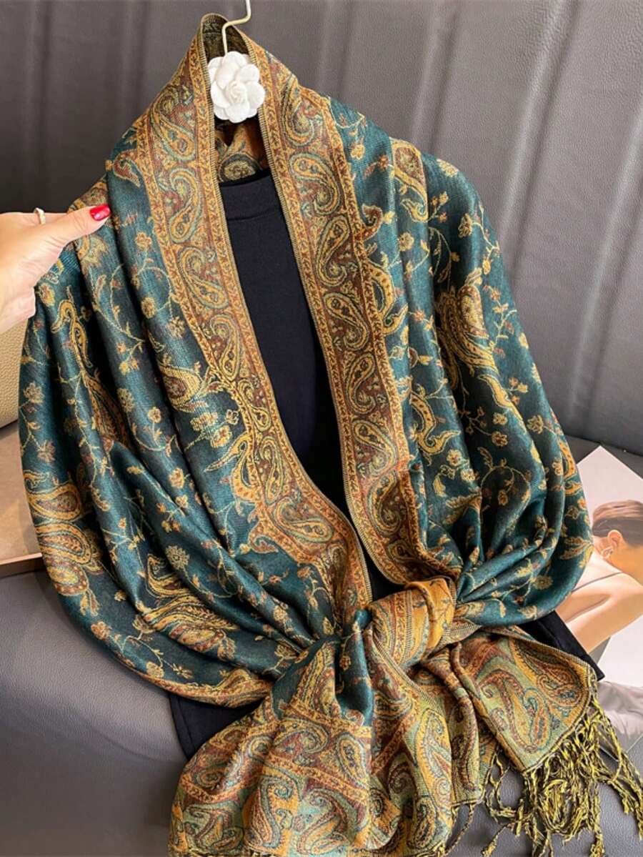 1件女款佩斯利花紋提花圍巾/披肩,適合多用途日常穿搭,完美搭配日常造型,特殊場合必備 - 綠色 - 查看 1