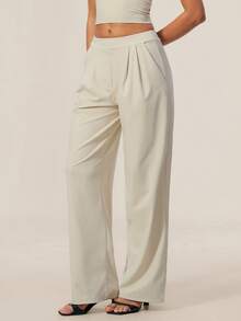 TimeOff Women's 1pc Solid Color Autumn/Winter Pleated Front Side Pocket Straight Wide Leg Pants - Apricot - View 7