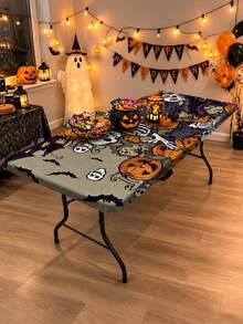 1pc Wrinkle-Resistant Rectangular Halloween Theme Elastic Tablecloth, Pumpkin & Skull Halloween Print Tablecloth, Reusable Party Tablecloth, Suitable For Outdoor Patio Dinner, Halloween Garden Party, Outdoor Autumn Holiday Decor - C - View 3