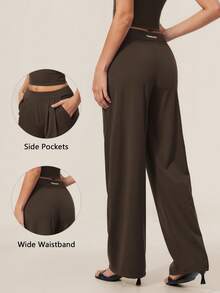 TimeOff Women's 1pc Solid Color Autumn/Winter Pleated Front Side Pocket Straight Wide Leg Long Pants - Coffee Brown - View 3