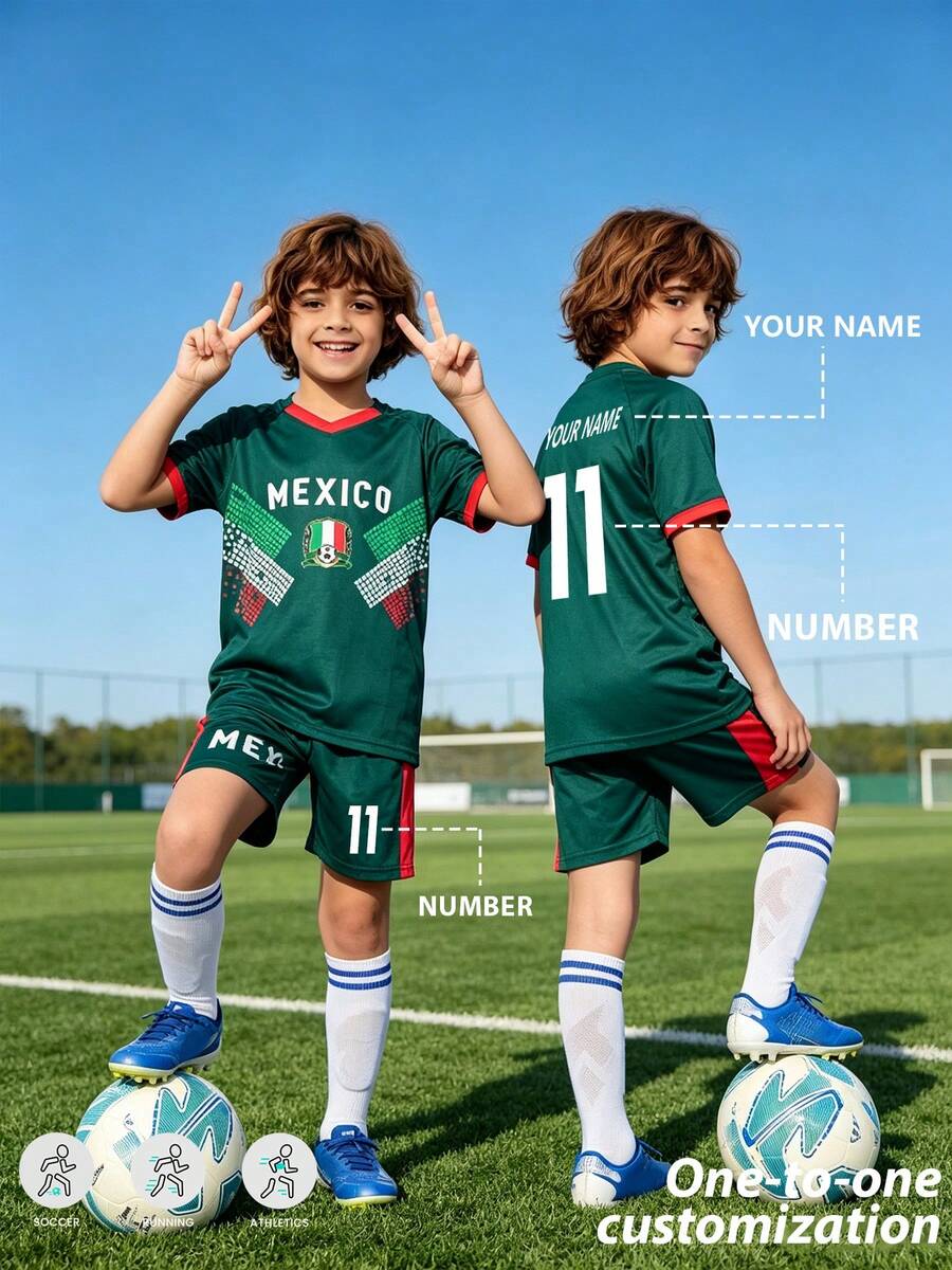 [Customized]Personalized Name Customization Celebrity Style #11 Number 2pcs Boys Girls Casual Soccer Uniform Set -Round Neck-Short Sleeve And Shorts Set- Polyester, Back To School Season Suitable For -Sports -Training And Casual Wear, Outdoor Perfect Choice