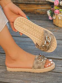 Women's Square Buckle Chain Woven Flat Sandals, Comfortable Minimalist Vacation Beach Home Daily Summer Brown Open Toe Slides - Brown - View 2