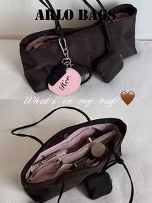 Korean Gentle Style Colorblock Lining Tote Bag, Waterproof & Durable Fabric, Adjustable Double Side Straps, Includes Matching Coin Purse And Pink Letter Charm, Daily Commute Handbag & Shoulder Bag - Coffee - View 7