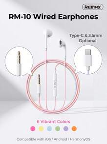 REMAX Wired In-Ear Earphones, Ergonomic Comfortable Fit, Type-C/3.5mm Interface, 3-Button Inline Control With HD Microphone, Macaron Multicolor Gradient Design, Compatible With Apple/Xiaomi, Enjoy Lossless Calls And Music - View 1