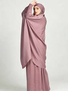 2件組緞面祈禱長袍套裝附希賈布，彈性袖口端莊穆斯林女款全遮蓋伊斯蘭禮拜服 - 彩色 - 查看 14