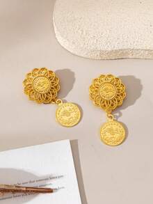 1 Pair Gold-Plated Flower Turkish Coin Women's Cufflinks, Luxury Gold-Plated Bridal Brooch Jewelry, Kurdish Wedding Festival Accessory - Yellow Gold - View 5