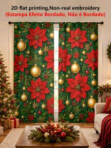 2pcs Christmas Holiday Theme Decorative Curtains, Christmas Poinsettia, Gold Christmas Ball Pattern, Suitable For Home Decor, Window Decoration, Christmas Holiday Home Atmosphere Decoration - Multicolor - View 6