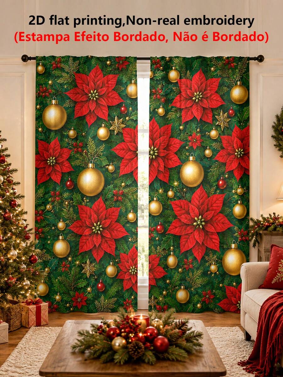 2pcs Christmas Holiday Theme Decorative Curtains, Christmas Poinsettia, Gold Christmas Ball Pattern, Suitable For Home Decor, Window Decoration, Christmas Holiday Home Atmosphere Decoration - Multicolor - View 1
