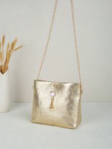 Damen Metallic Crackle Polyester Ketten Umhängetasche, modische Perlen Dekor Schultertasche, Gold Silber Farboptionen, lässige tägliche Party Handtasche - Gold - Übersicht 6