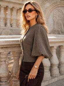 Perirose Women's Vintage Brown Puff Sleeve Jacket Round Neck Button Front Cropped Blazer Elegant Retro Long Sleeve Outerwear Fall Winter Old Money Style - Khaki - View 7