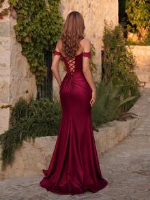 ADYCE Elegant Cold Shoulder Waisted Backless Bodycon Sequin Tie-Back Embroidered High-Slit Prom Gown Homecoming Wedding Guest Formal Dinner Birthday Fall - Burgundy - View 2