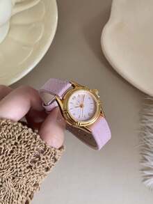 1pc Pink Mini Round Watch, Pink Dial, PU Strap, Gold Case, Sweet Vintage Style, Suitable For Daily Wear - Pink - View 3