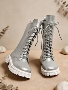 1 Pair Silver Fashion Vintage Kids Tall Boots, Comfortable PU Material, Shiny Lace-Up Side Zipper Design, Durable Thick Sole Height-Increasing Riding Boots For Girls, Suitable For Daily School, Holidays, Vacation, Versatile, Autumn/Winter New Style - Silver - View 2