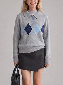Women's New Autumn/Winter Retro Argyle Knit Polo Collar Pullover Sweater Long Sleeve Regular Fit Top - Grey - View 4