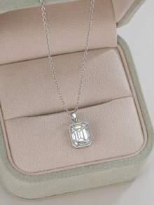 Besthing 1pc S925 Sterling Silver 1CT/3CT/6CT Rectangular Moissanite Pendant Necklace, Minimalist Luxury Elegant Accessory For Wedding, Anniversary, Party, Banquet - Silver - View 3