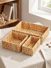 1Pc/3Pcs(S+M+L) Wicker Storage Basket Set, Natural Water Hyacinth Handwoven Baskets, Large Medium Small Stackable Storage Bins For Pantry Shelf Kitchen Bathroom Bedroom Organizer, Decorative Woven Basket Halloween Christmas Gift Home Decor - Ginger - View 4