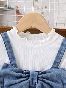 Girls' Big Bow Denim Overall Set, Loose Leg Bow Embroidery, Cute Fashion 2 Pieces Outfit - Blue and White - View 3