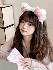 1pc Pink Bow Plush Headband, Cute And Comfortable Hair Accessory, Suitable For Face Washing And Autumn/Winter Styling - Multicolor - View 2