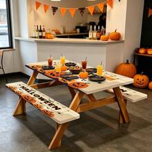 3 Pieces Picnic Tablecloth Set With Bench Cover, Elastic Edge Design, Halloween Pattern, Washable Rectangular Tablecloth, Suitable For Weddings, Camping, Picnics, Garden Parties And More, Practical Essential - E - View 6
