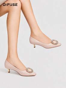 D:FUSE Women Pumps Crystal Rhinestone Buckle Pointed Toe Slip On Stiletto High Heel Coquette Date Party Wedding Office Cozy Daily Street Nude Genuine Leather - Pink - View 9
