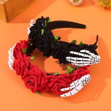 2pcs/1pc Halloween Rose Skeleton Hand Headband, Gothic Black & Red Floral Skeleton Hand Day Of The Dead Women's Party Cosplay Hair Accessory - Multicolor - View 9
