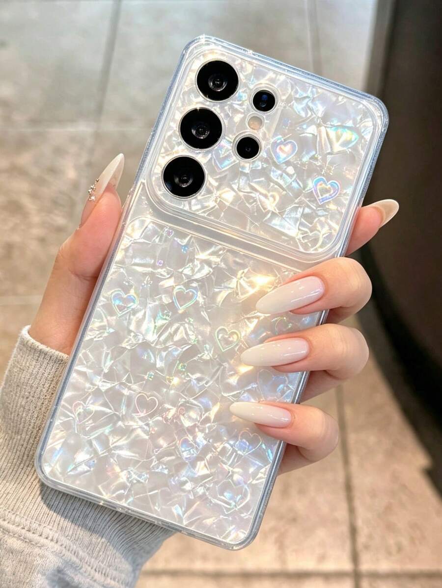 時尚閃亮亮亮片愛心貝殼紋手機殼，適用 Galaxy S26 Ultra S25 Ultra S24 Ultra S22 S23 Ultra，大窗雷射軟殼