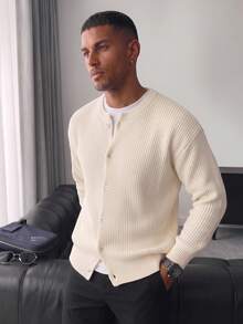 Unisex Casual Loose Fit Solid Color Round Neck Ribbed Long Sleeve Drop Shoulder Button-Up Knit Cardigan, Autumn/Winter - Apricot - View 3