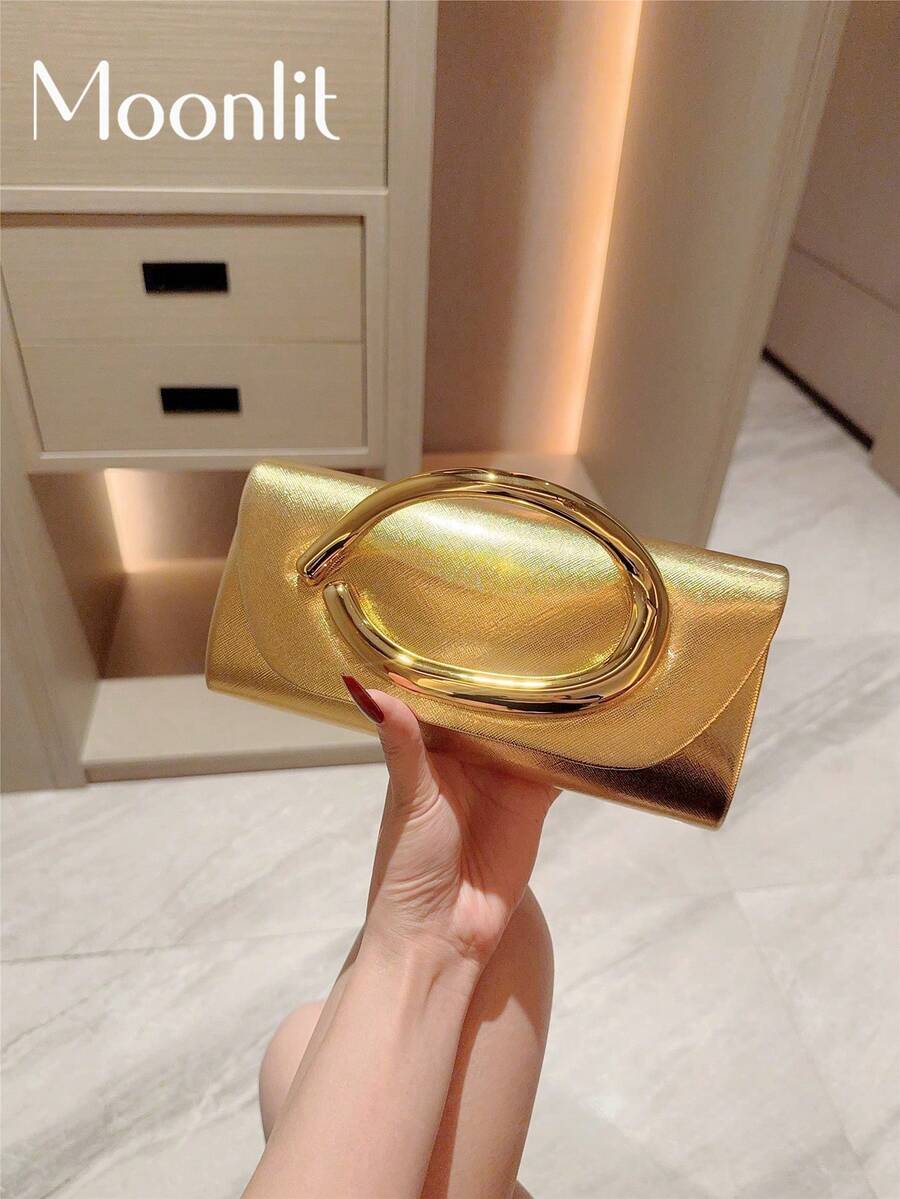 1件歐美時尚金屬裝飾迷你手拿包，高端亮面金屬條飾女士手提包，優雅奢華正式禮服晚宴包，PU皮革派對包/浪漫婚禮手拿包/舞會包/雞尾酒會包，適合學校舞會，附金屬鏈條
