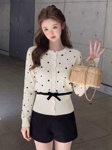 Autumn/Winter Vintage Polka Dot Knit Cardigan, Wavy Ruffle Placket With Black Bow, Sweet And Soft Preppy Style - Apricot - View 3