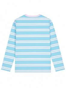 1pc Tween Girl Light Blue Pink White Colorblock Fine Striped Long Sleeve T-Shirt, Macaron Fresh Unisex Loose Top For Spring And Autumn - Blue - View 5