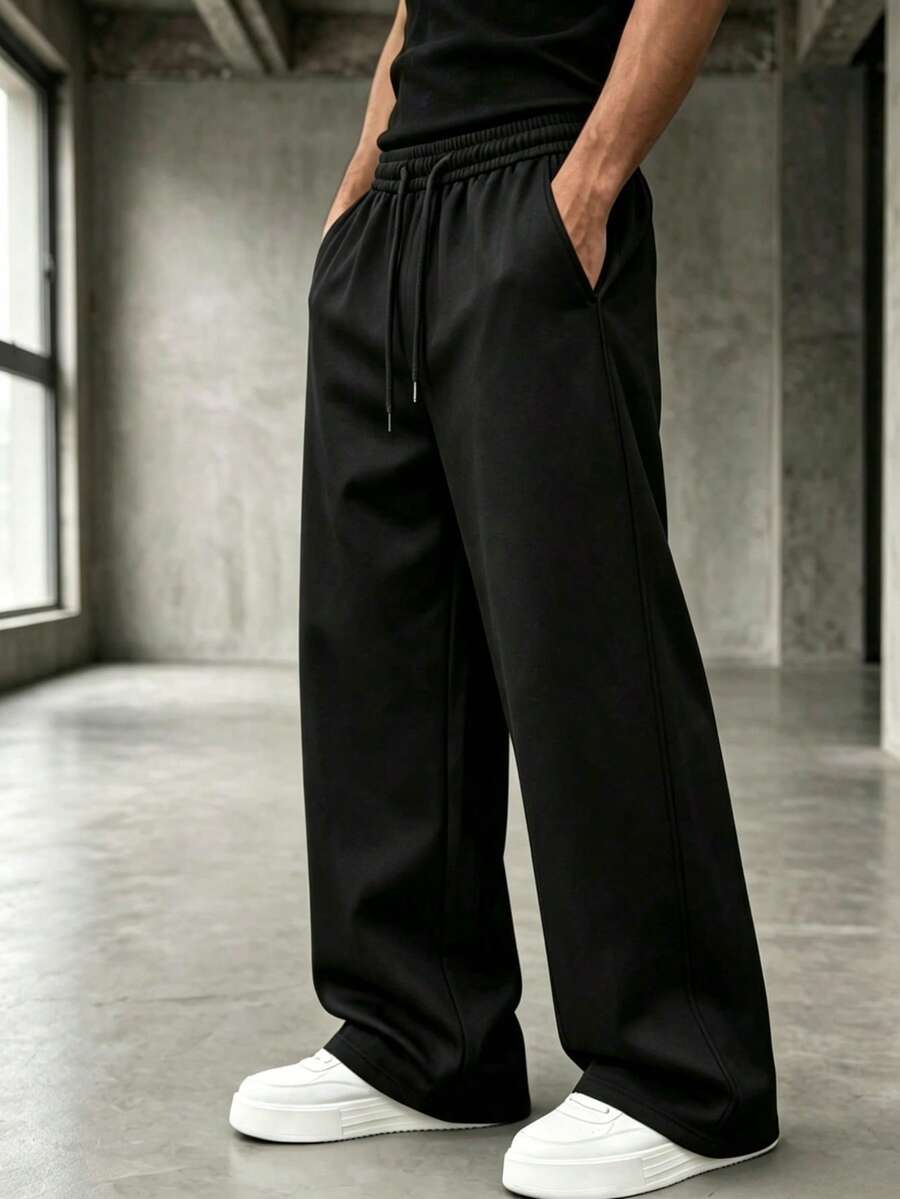ZYNTH BALENO Men's Autumn/Winter Loose Fit Curved Leg Straight Casual Long Pants, With Pockets And Drawstring Waist, Suitable For Gym And Casual Wear - Black - View 1