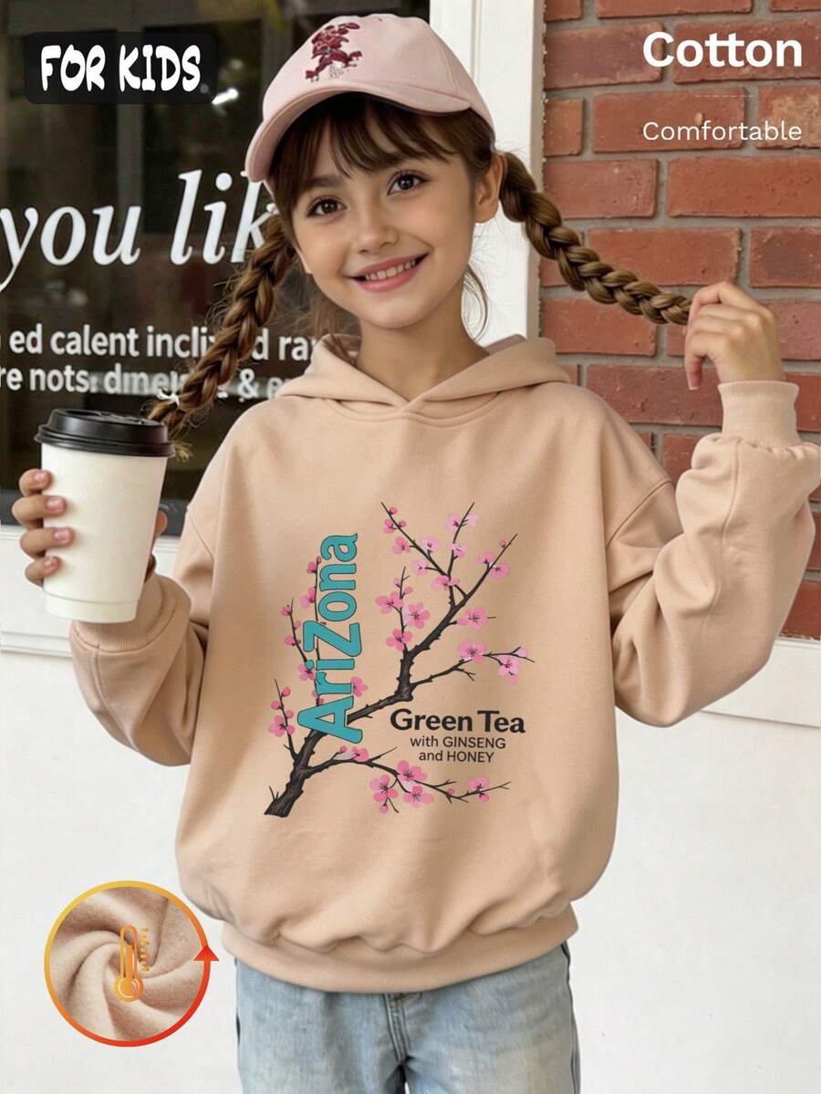 Autumn Girls Hoodie With Cherry Blossom Branch Print And Arizona Green Tea Text, Long Sleeve Cotton Pullover - Apricot - View 1